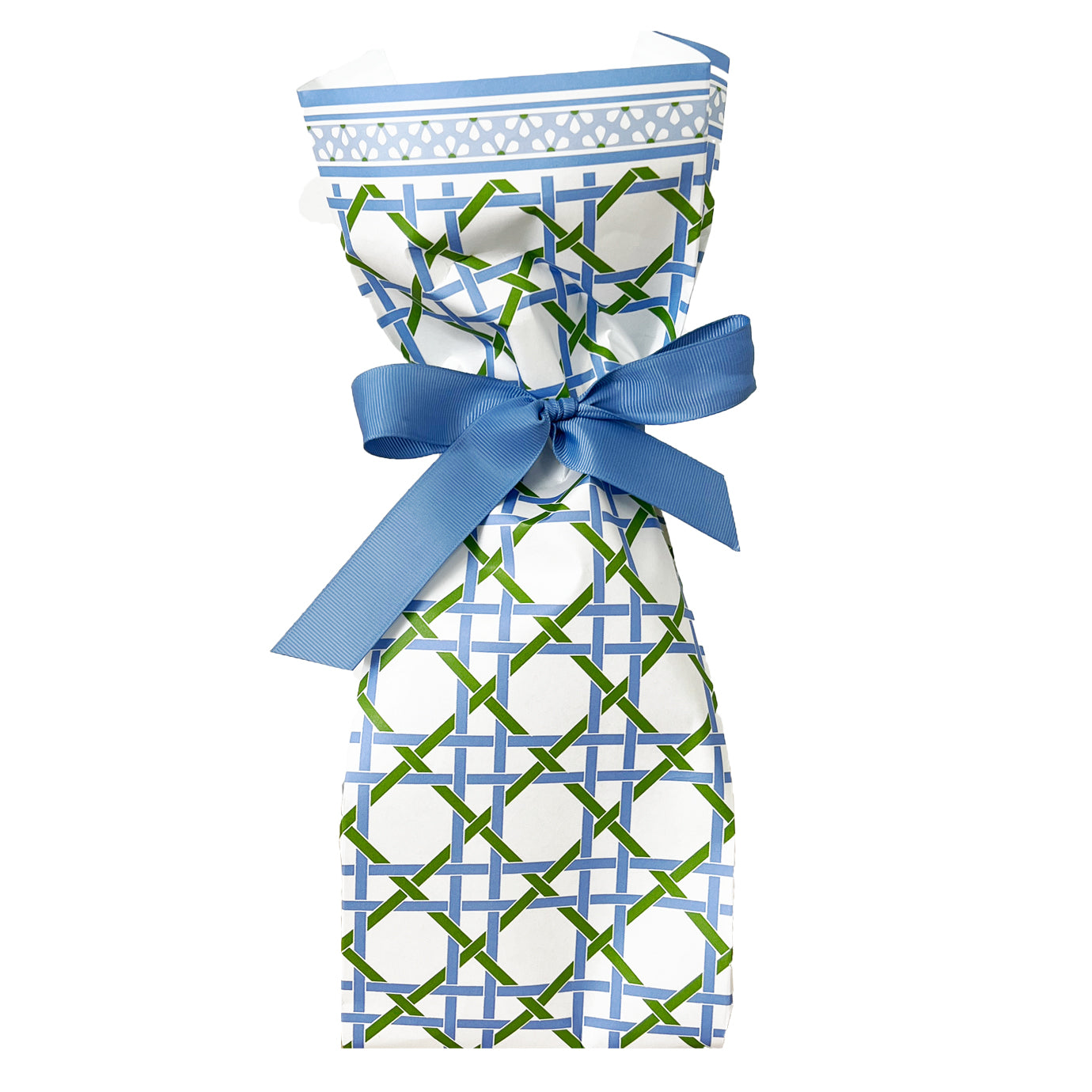 In Stock Paper Wine Bags | Blue + Green Basketweave