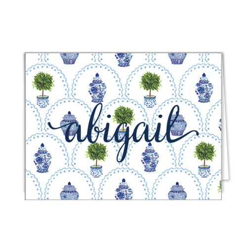 Chinoiserie Topiary Scallop Pattern Personalized Folded Notecards