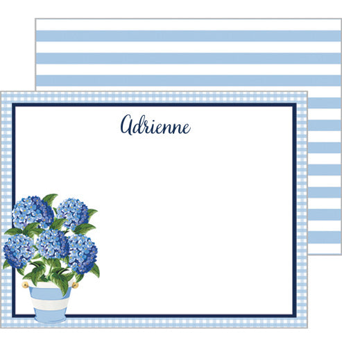 Blue Hydrangeas Striped Pot Personalized Flat Notecards