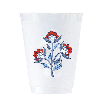 Red Floral Block Print Shatterproof Cups | Set of 8