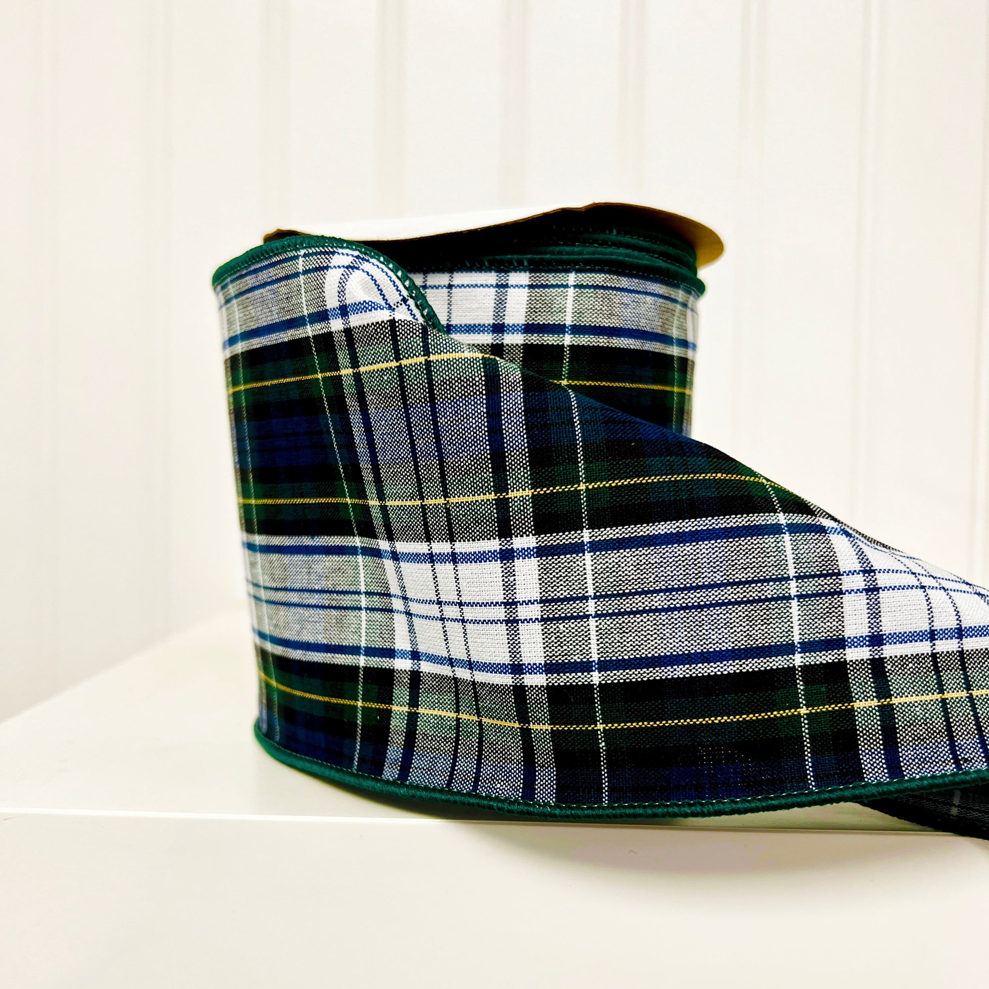 Navy Blue and Green Schoolgirl Plaid Twill Wired Edge Ribbon