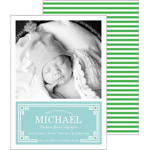 Aqua Blue + Green Greek Key Plaque Photo Birth Announcement Card