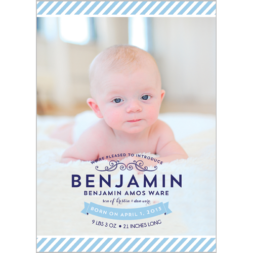 Preppy Blue Stripe Photo Birth Announcement Card