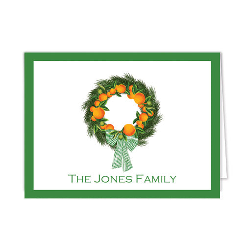 Citrus Wreath with Oranges and Evergreen Personalized Folded Notecards