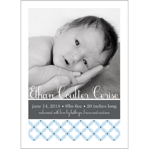 Pale Blue & Grey Clover Dot Photo Birth Announcement Card