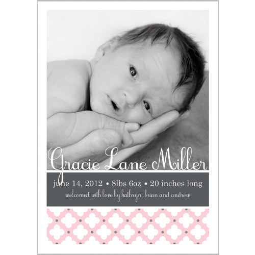 Pale Pink & Grey Clover Dot Photo Birth Announcement Card