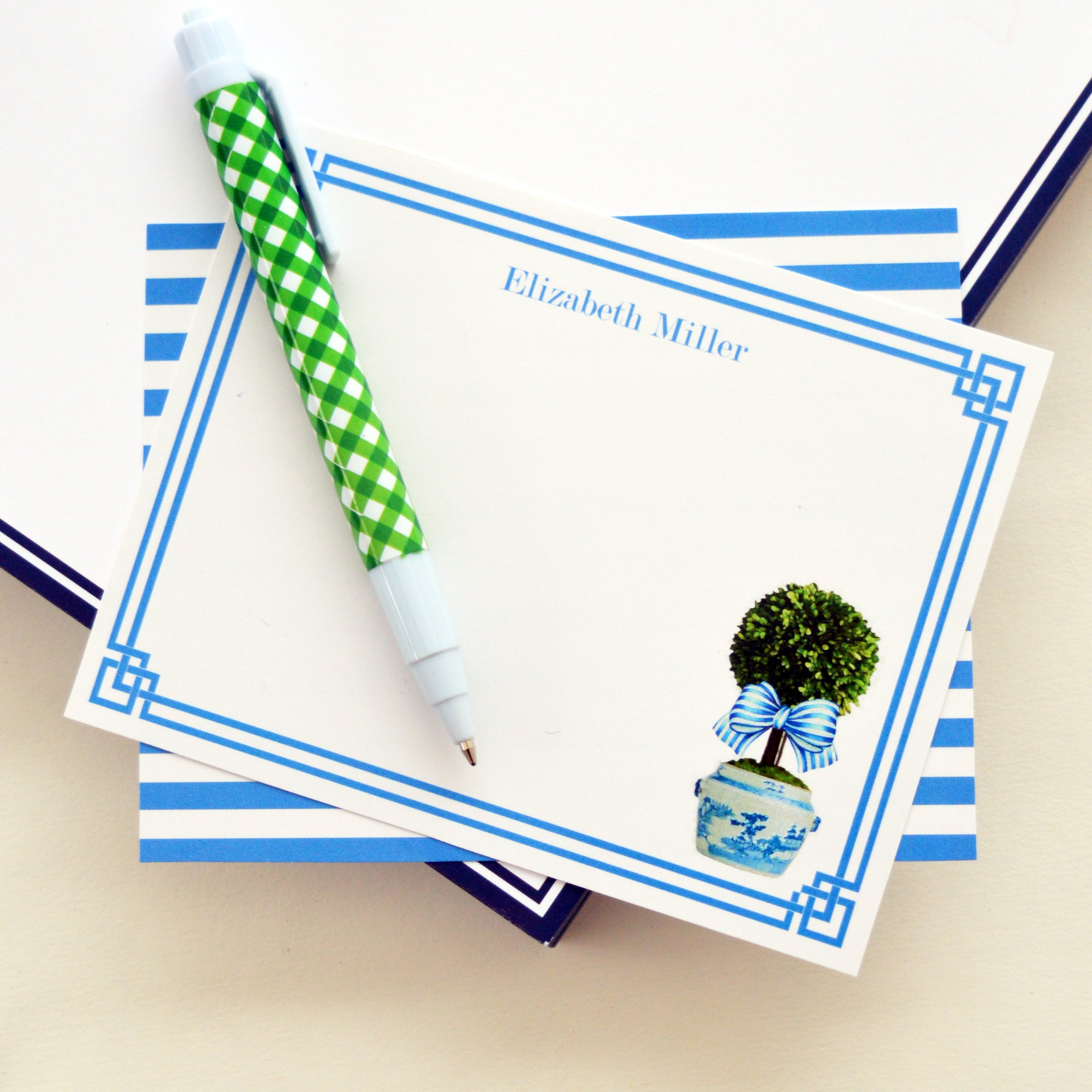 Spring Topiary with Striped Bow Personalized Flat Notecards