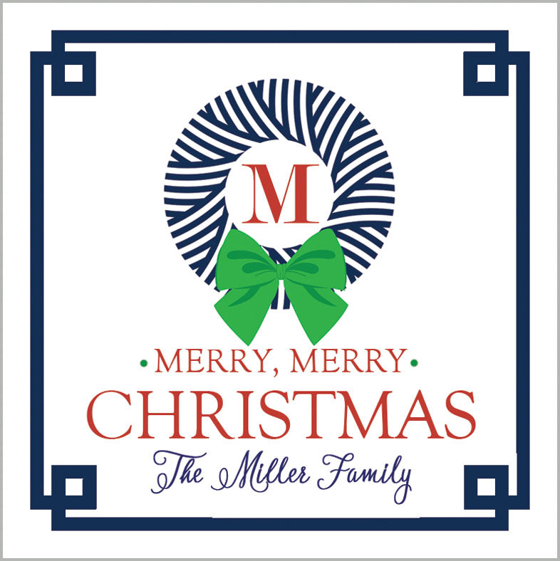 Navy Blue Striped Wreath Christmas Gift Stickers | Set of 24