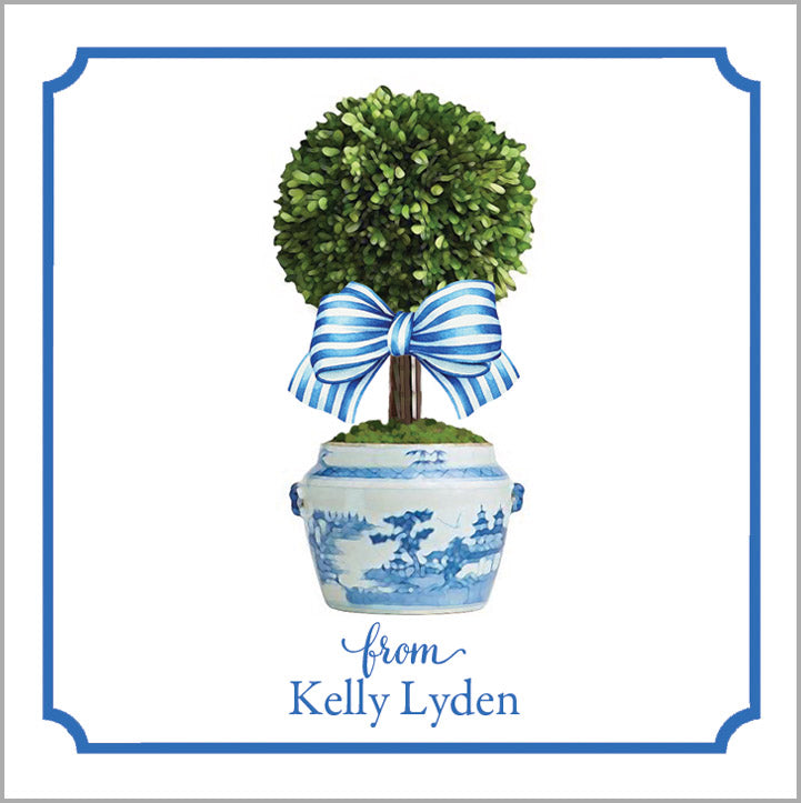 Spring Topiary Tree with Blue Striped Bow Gift Sticker | Set of 24