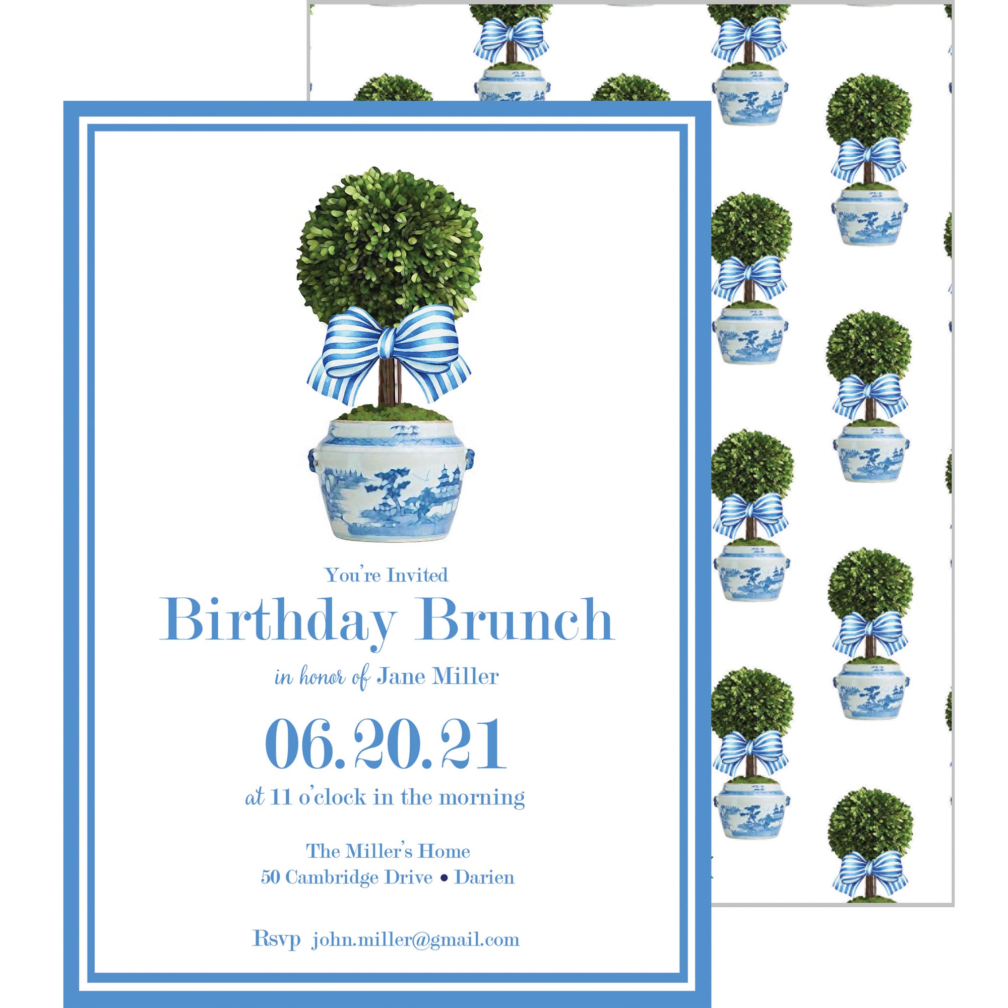 Topiary Tree with Striped Bow Invitation