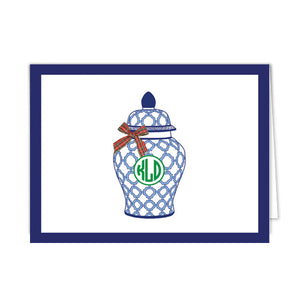 Blue and White Ginger Jar with Tartan Plaid Bow Monogrammed Folded Notecards