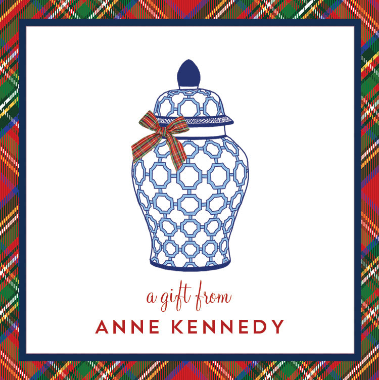 Blue and White Ginger Jar with Tartan Plaid Bow Christmas Gift Stickers | Set of 24