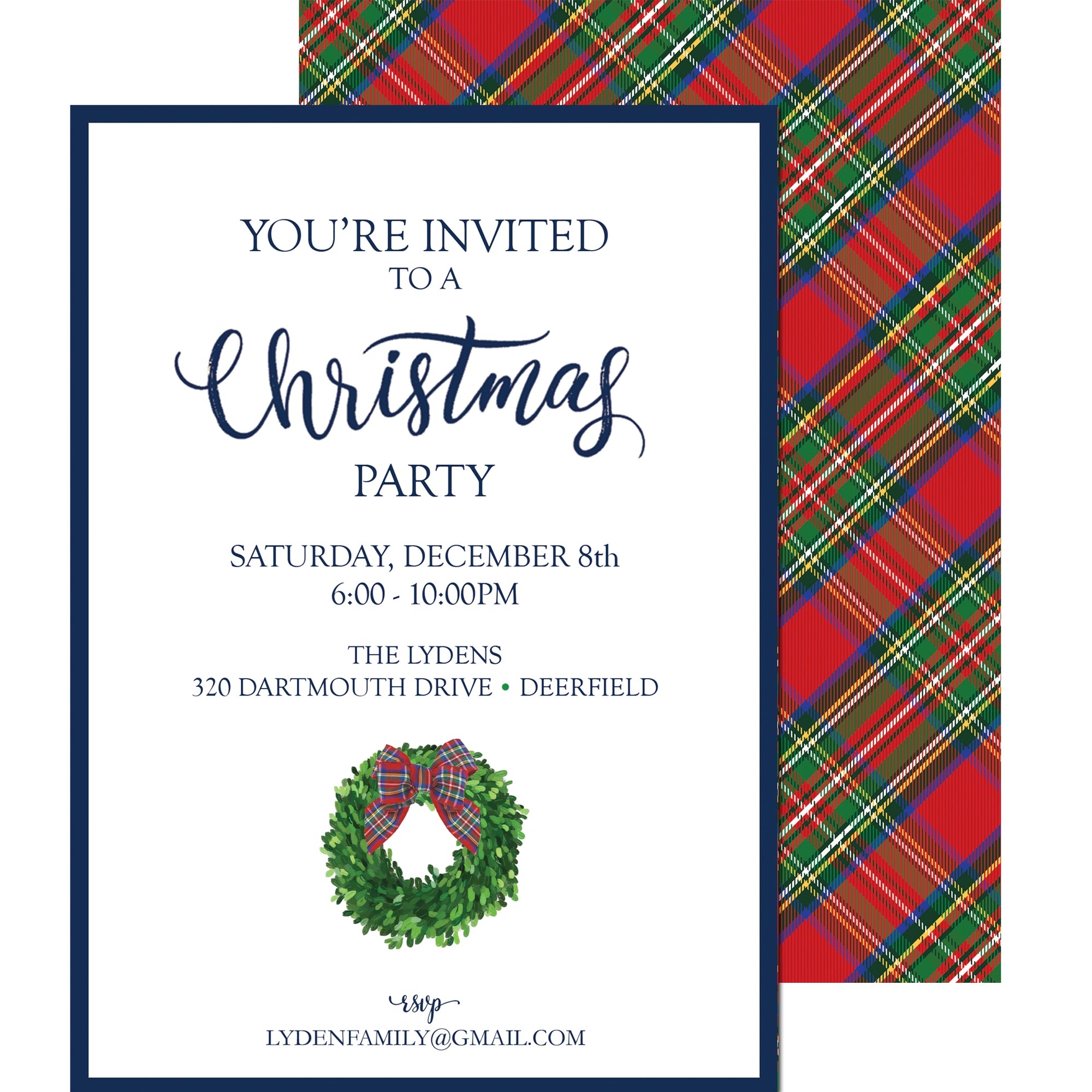 Christmas Wreath with Tartan Bow Holiday Party Invitation