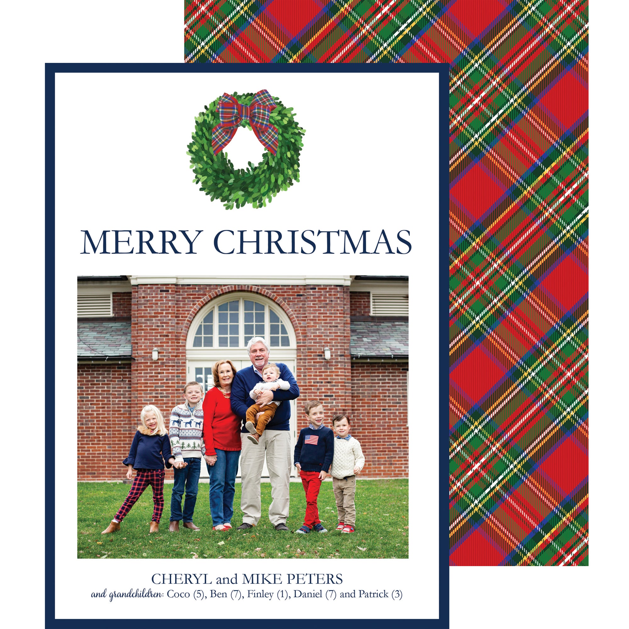 Festive Christmas Wreath and Tartan Plaid Holiday Photo Card
