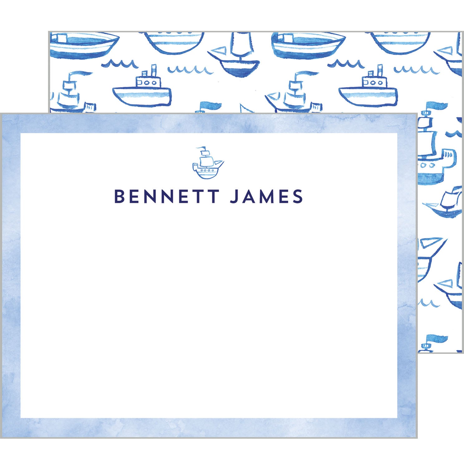 Blue Watercolor Sailboats Personalized Flat Notecard