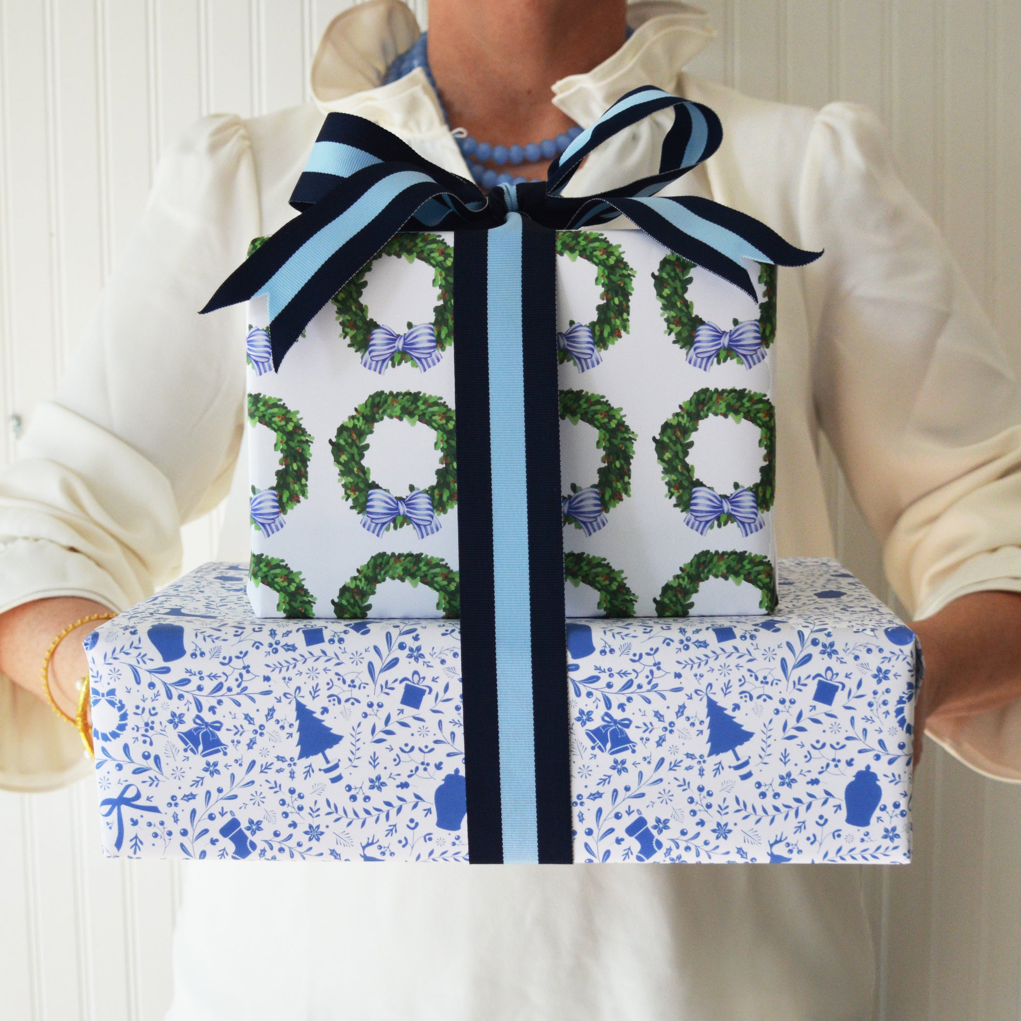 Blue + White Christmas Gift Stack