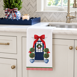 WH Hostess Cotton Tea Towel | Christmas Bow Front Door