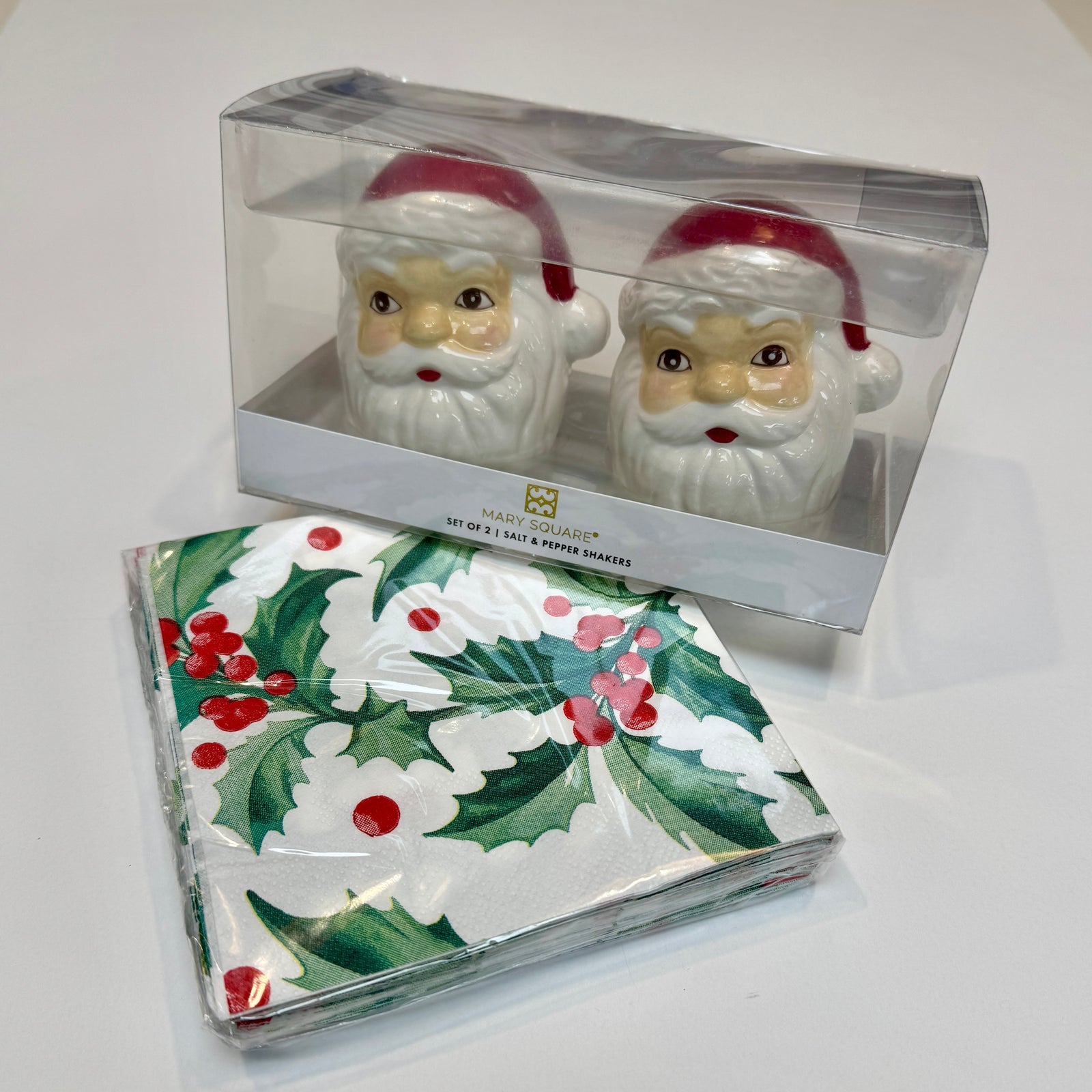Bundle: Santa Salt & Pepper Shakers and Holly Cocktail Napkins