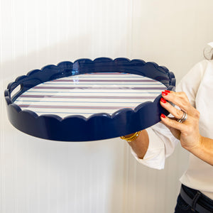 Americana Stripe 16" Round Scalloped Lacquer Tray