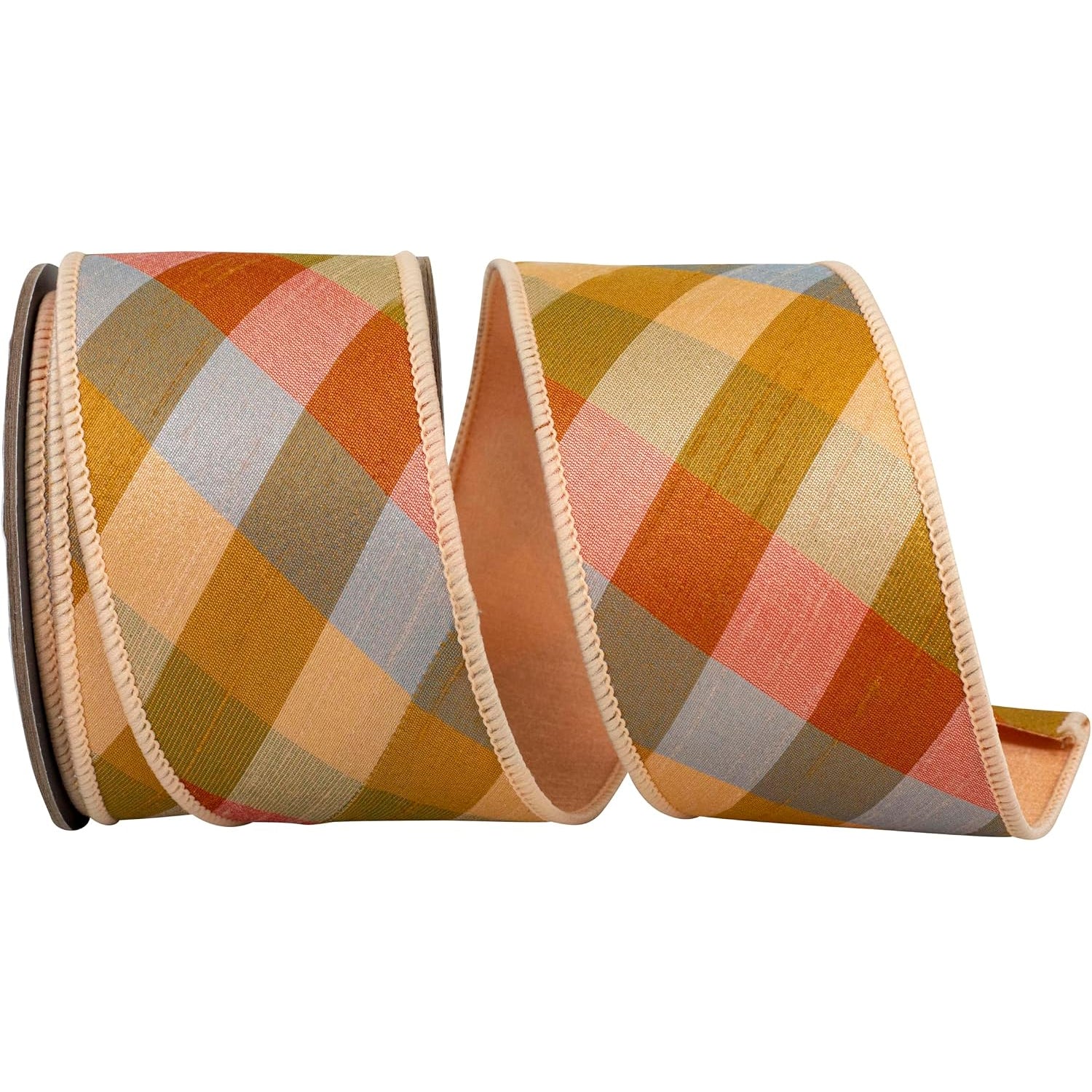 4" Autumn Diagonal Plaid Silk Dupioni Wired Ribbon