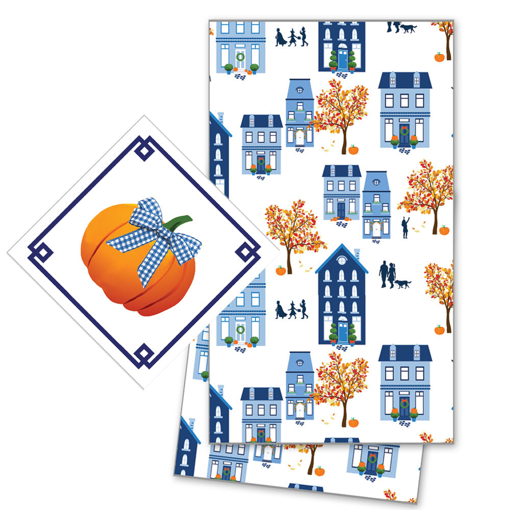 Bundle: Autumn Village Tea Towel and Pumpkin Icon Cocktail Napkins