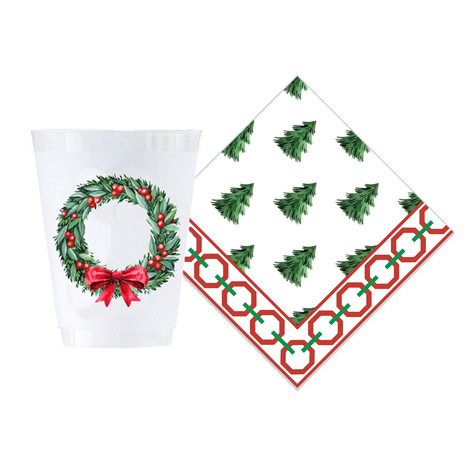 Bundle: Berry Wreath Shatterproof Cups + Christmas Tree Farm Cocktail Napkins