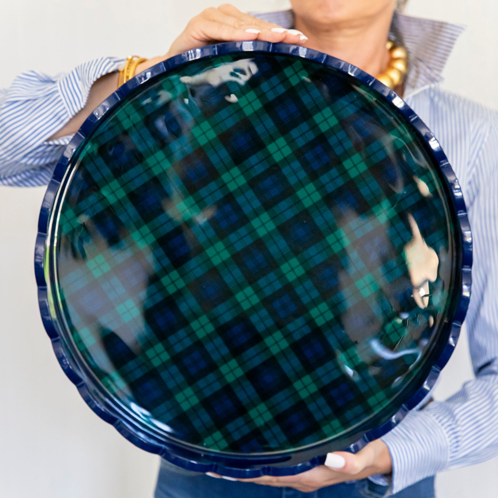 In Stock WH Lacquer Round Scalloped Tray | Navy Blue + Black Watch Plaid