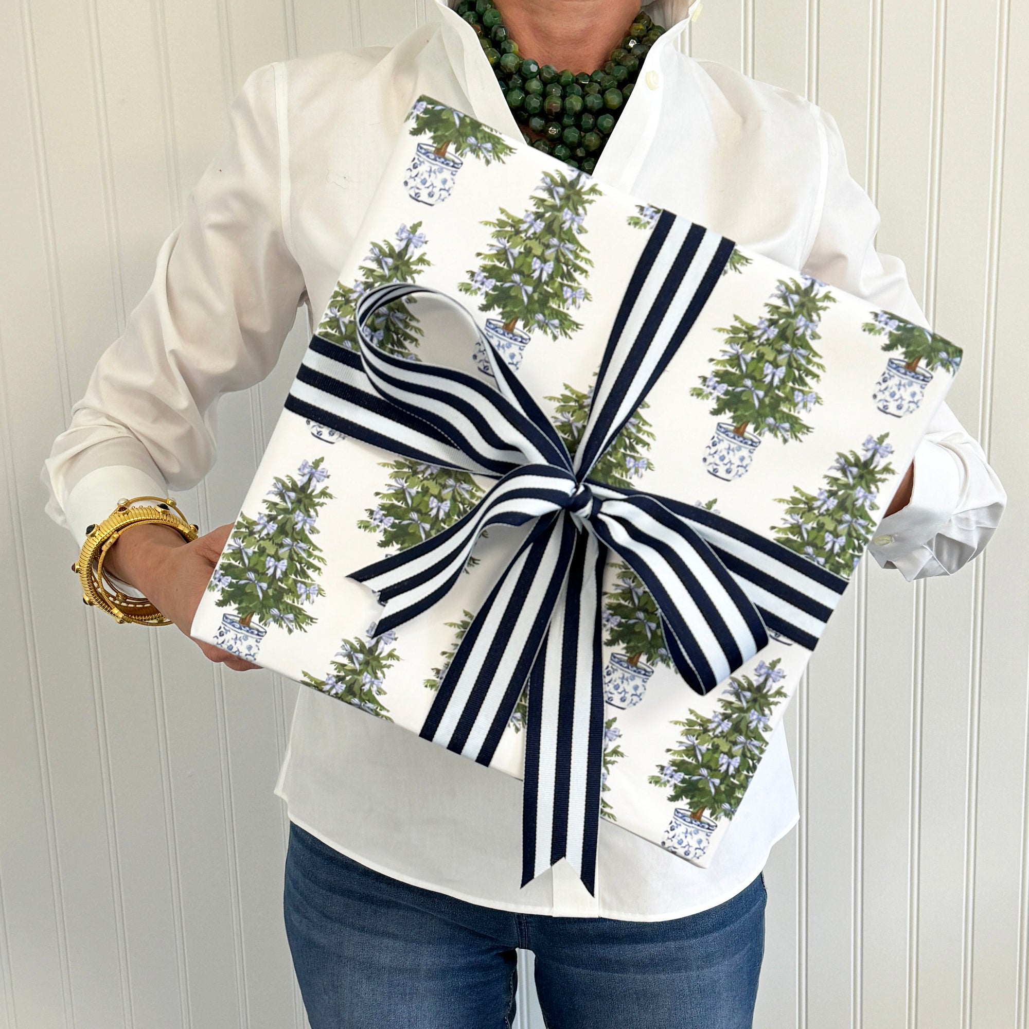 Continuous Roll Gift Wrap | Blue Bows Christmas Trees