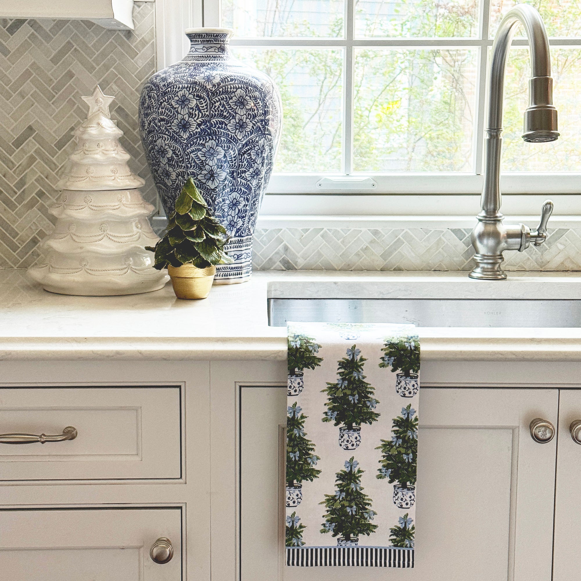 WH Hostess Cotton Tea Towel | Blue Bows Christmas Trees