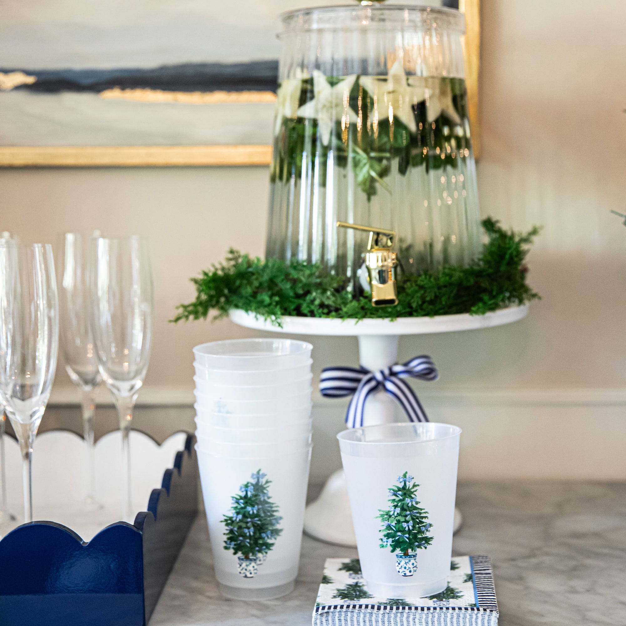 Bundle: Blue Bows Christmas Tree Shatterproof Cups and Cocktail Napkins