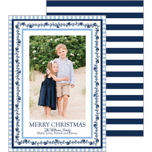 Blue and White Block Print Garland Holiday Photo Card