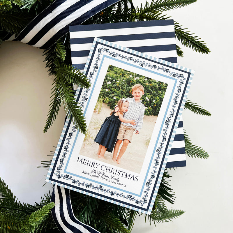 Blue and White Block Print Garland Holiday Photo Card