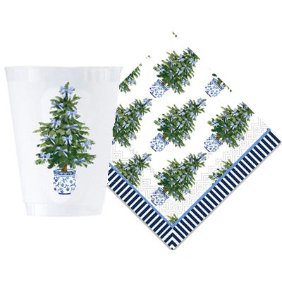 Bundle: Blue Bows Christmas Tree Shatterproof Cups and Cocktail Napkins