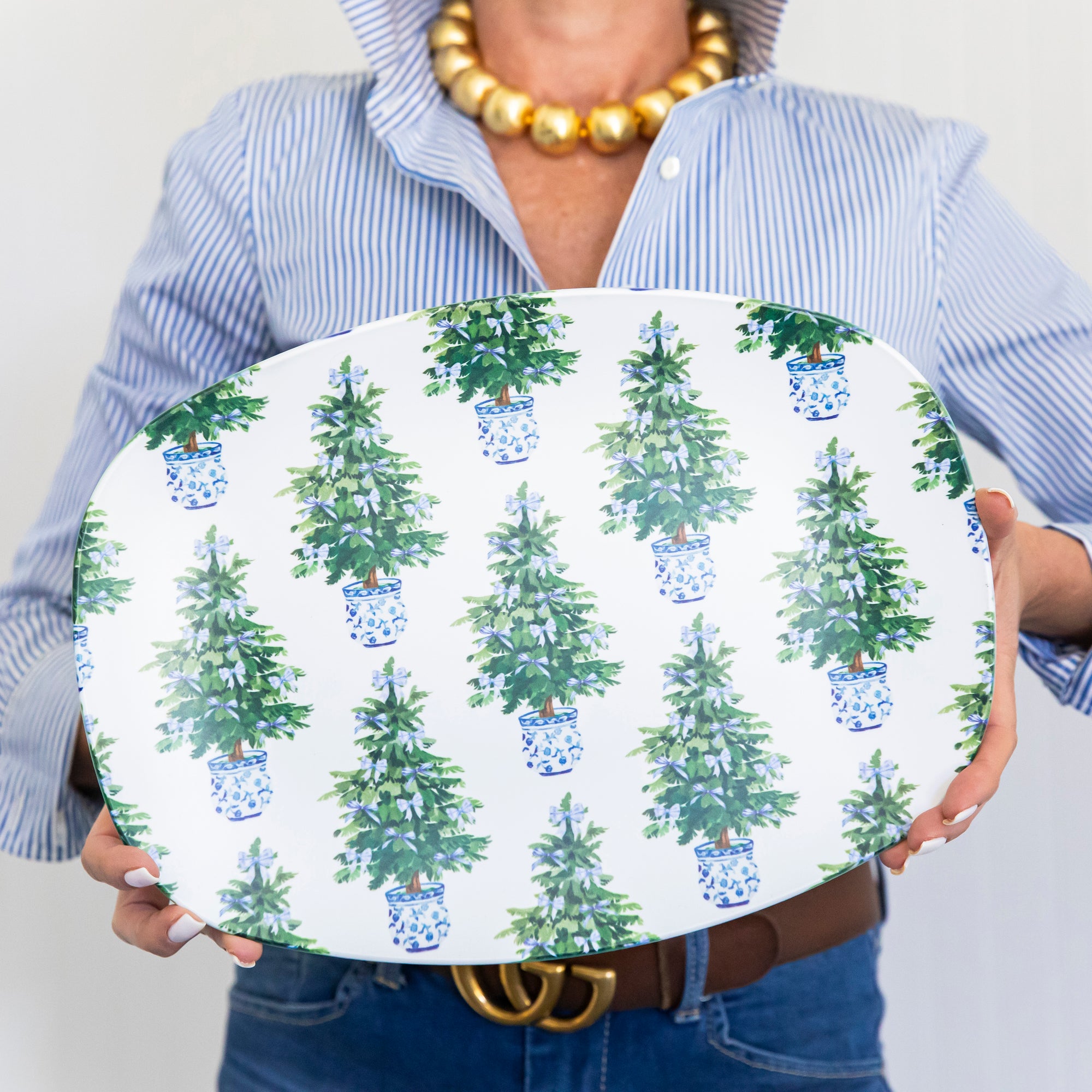 WH Serving Platter | Blue Bows Christmas Trees