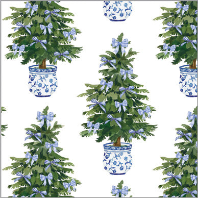 In Stock Paper Table Runner | Blue Bows Christmas Trees