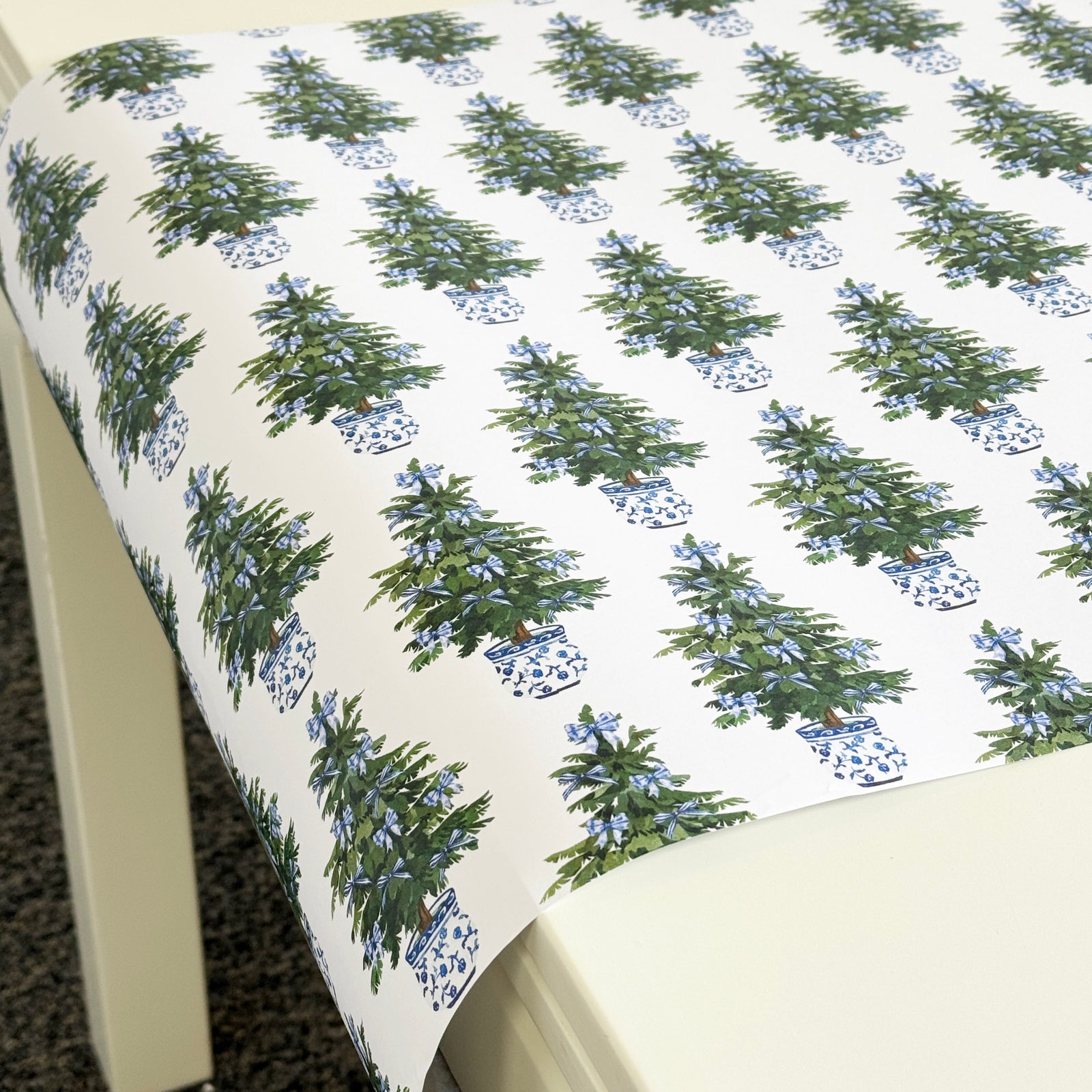 Blue Bows Christmas Tree Paper Table Runner