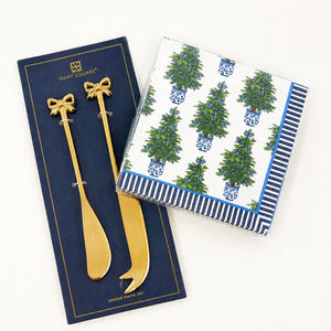 Blue Bows Christmas Tree Cocktail Napkins & Gold Bow Spreaders Gift Set