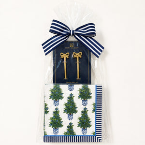 Blue Bows Christmas Tree Cocktail Napkins & Gold Bow Spreaders Gift Set