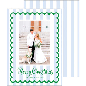 Blue Cabana Stripes + Scallop Christmas Photo Card