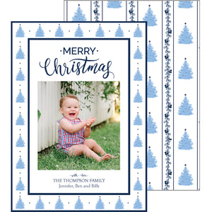 Blue and White Block Print Christmas Tree Photo Card
