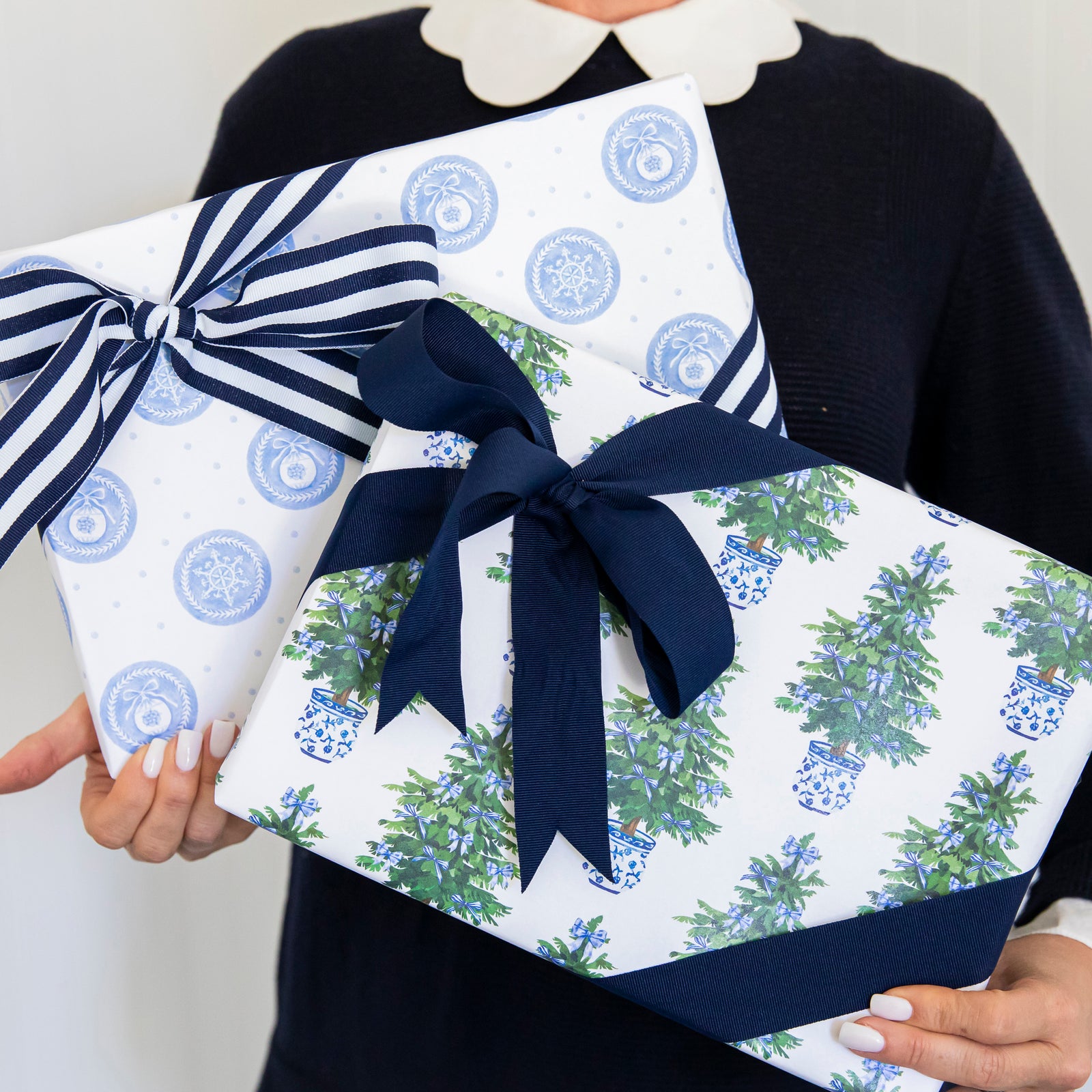 Continuous Roll Gift Wrap | Blue Bows Christmas Trees