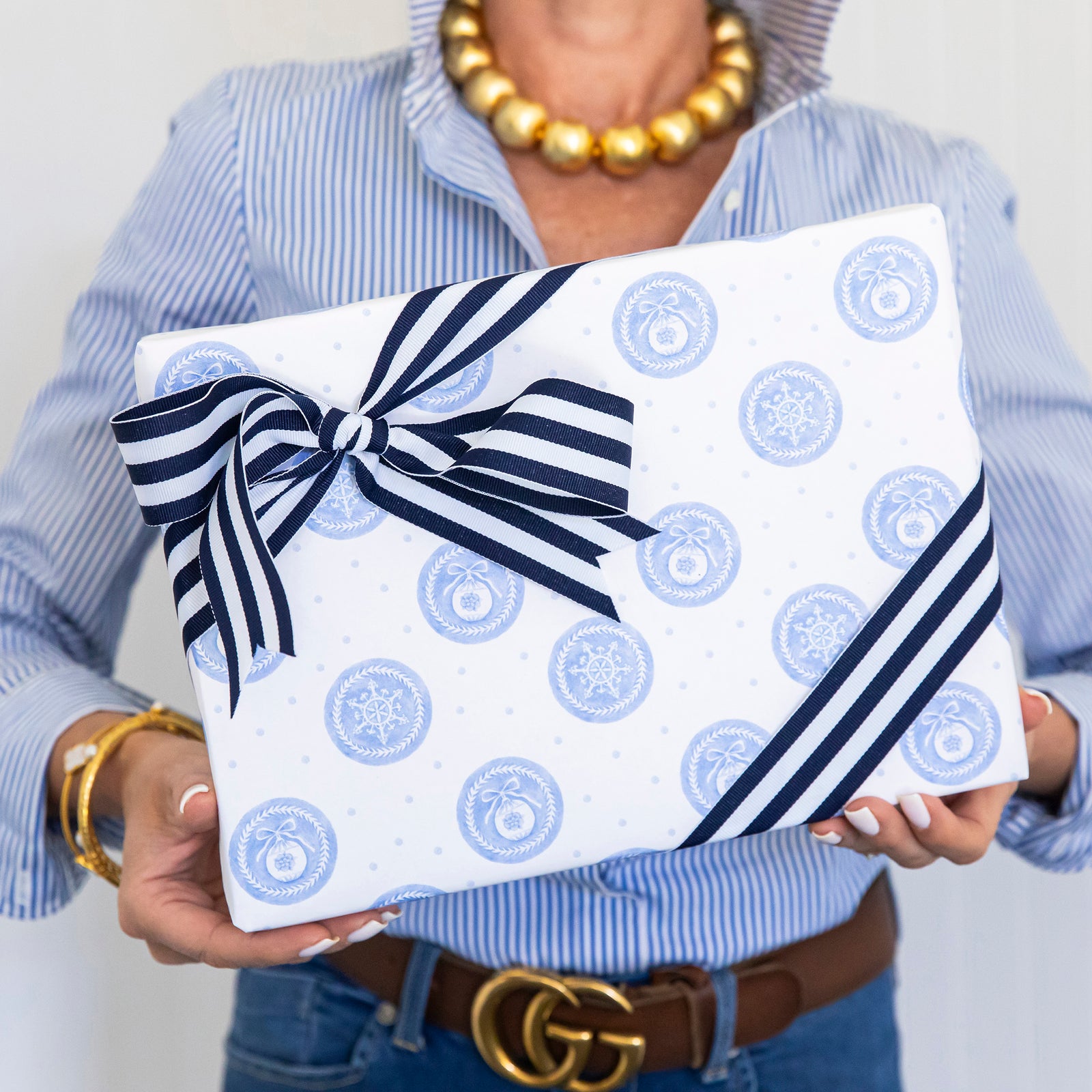 Continuous Roll Gift Wrap | Blue Ornaments