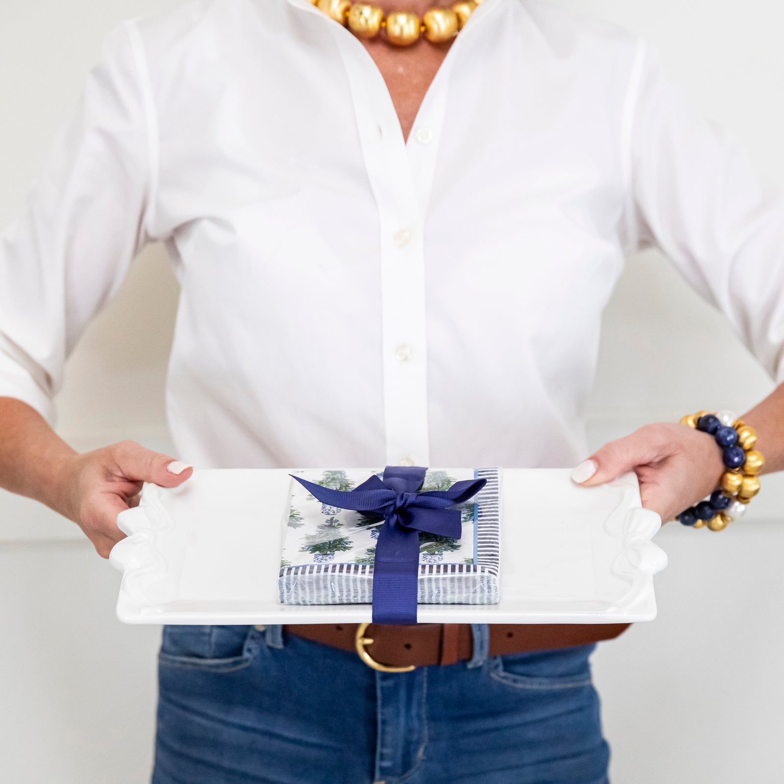 Bundle: Bow Ceramic Platter + Blue Bows Christmas Tree Cocktail Napkins