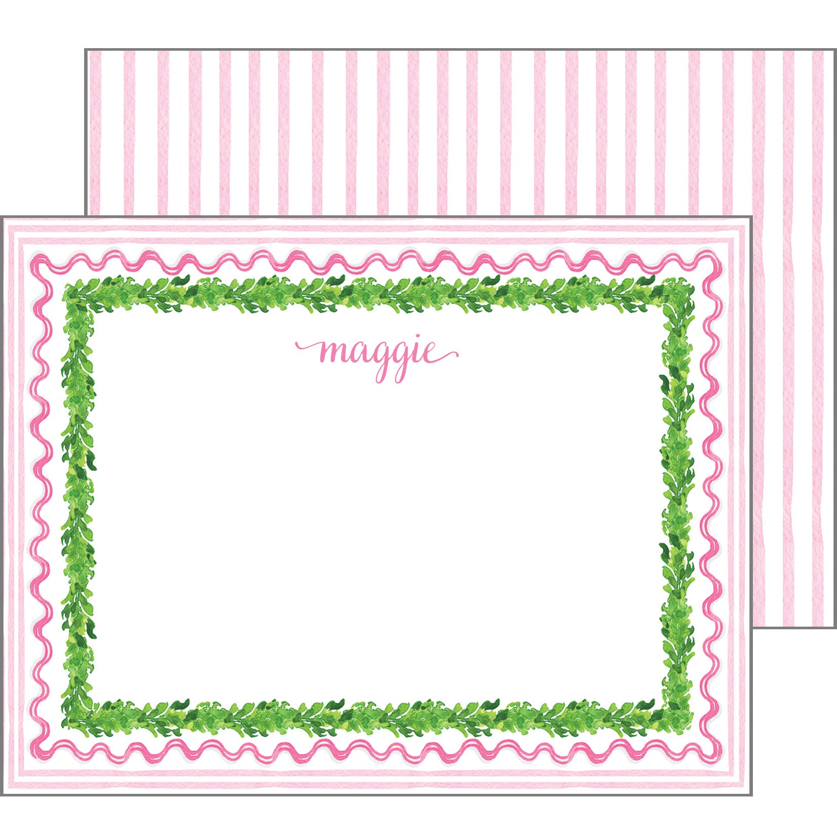 Pink + Green Boxwood Scallop Personalized Flat Notecards