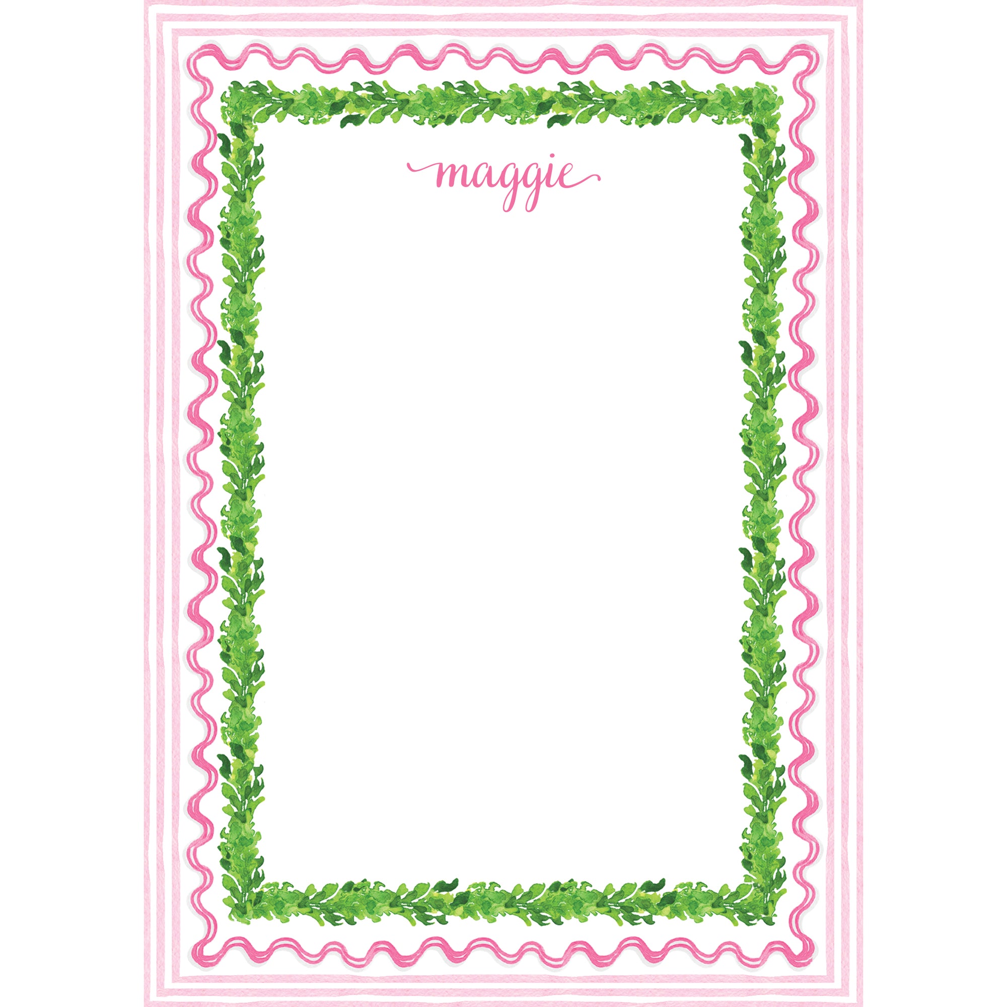 Pink + Green Boxwood Scallop Personalized Notepad