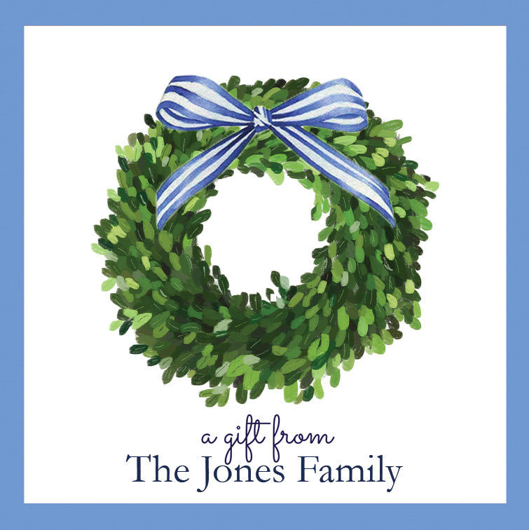 Boxwood Wreath with Striped Bow Christmas Personalized Gift Sticker | Set of 24