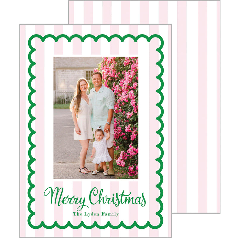 Pink Cabana Stripes + Scallop Christmas Photo Card