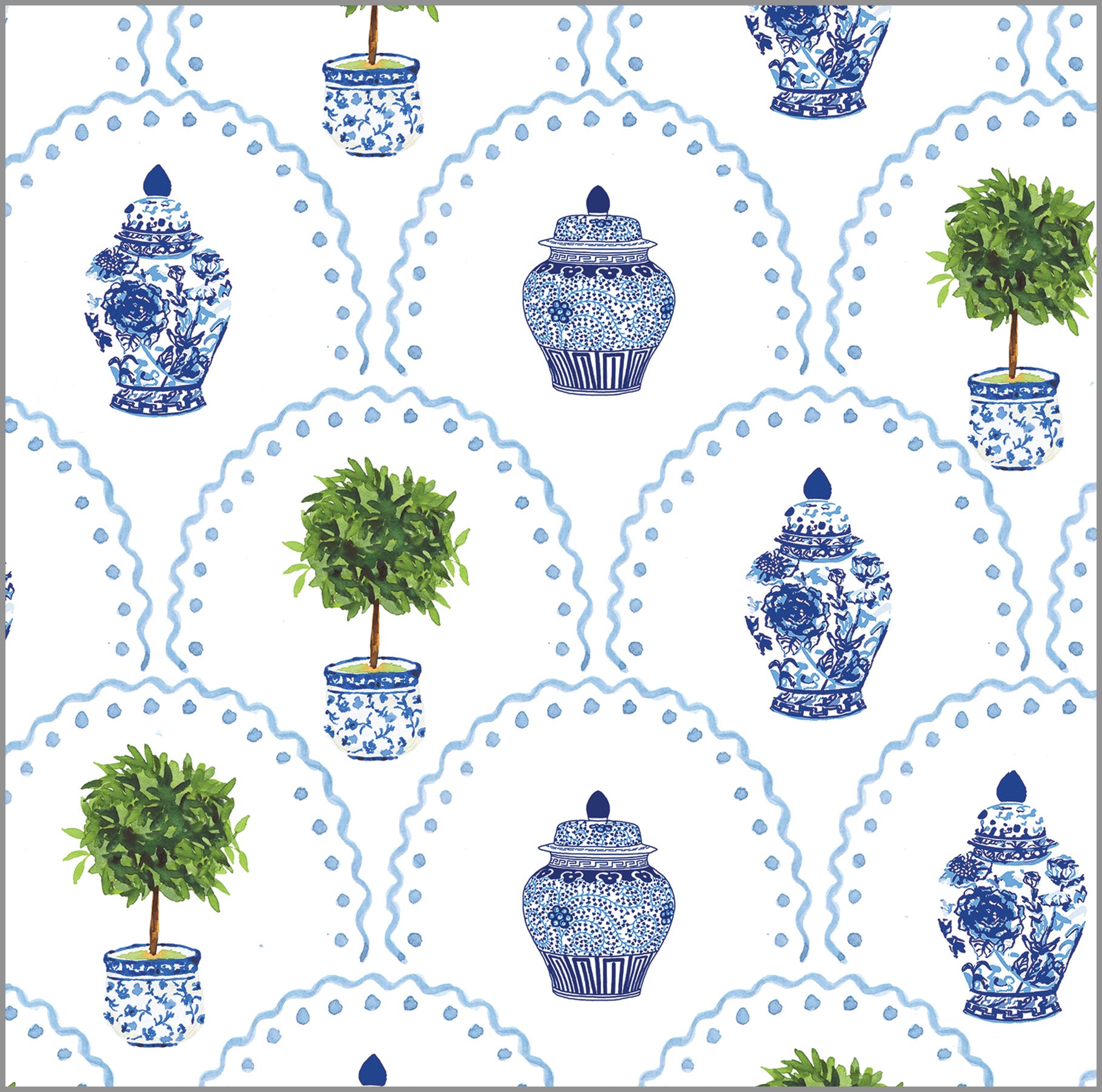 In Stock Chinoiserie Topiary Scallop Gift Wrap Sheets
