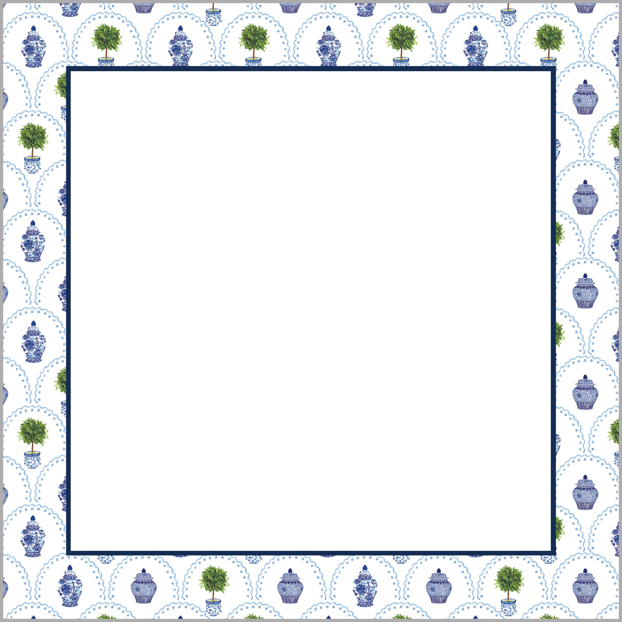 In Stock 8.5x8.5 SLAB Stock Notepad | Chinoiserie Topiary Scallop