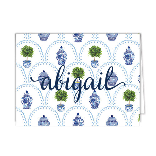 Chinoiserie Topiary Scallop Pattern Personalized Folded Notecards